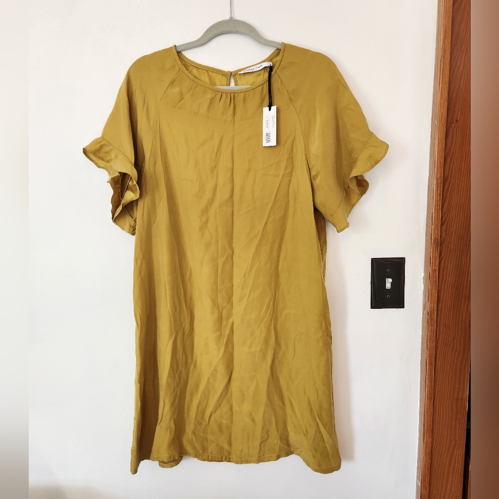 NWT Symphony + Note mustard 100% silk midi dress Size XS